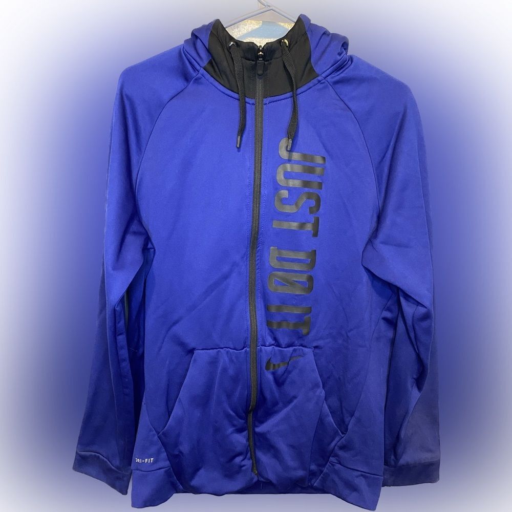 Nike Dri-Fit Mens Medium Royal Blue Black Just Do It Full Zip Drawstring Hoodie